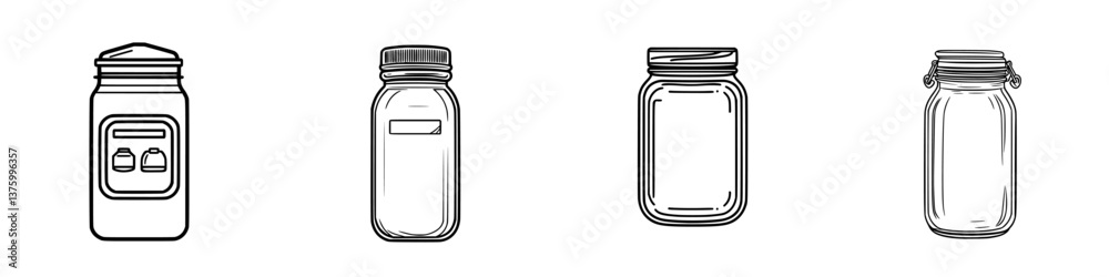 Four different styles of glass jars displayed in a clean arrangement showcasing various shapes and lid designs for storage Four different styles of glass jars displayed in a clean arrangement showcasing various shapes and lid designs for storage