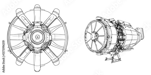 Detailed technical illustration of an aircraft engine and propeller from varying angles showcasing engineering design elements