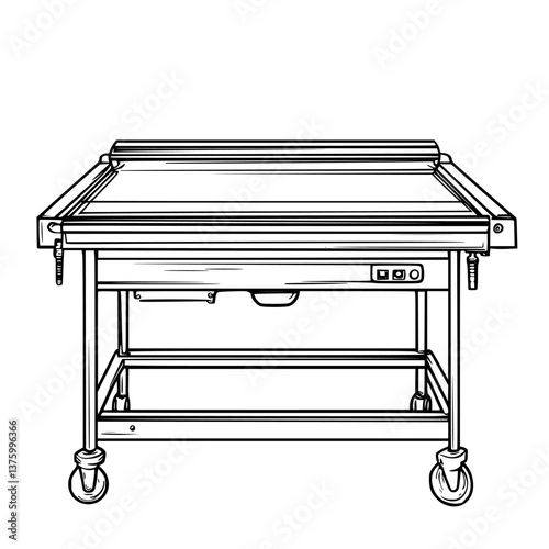 Cooking station with rolling wheels and electrical controls designed for food preparation in commercial kitchens