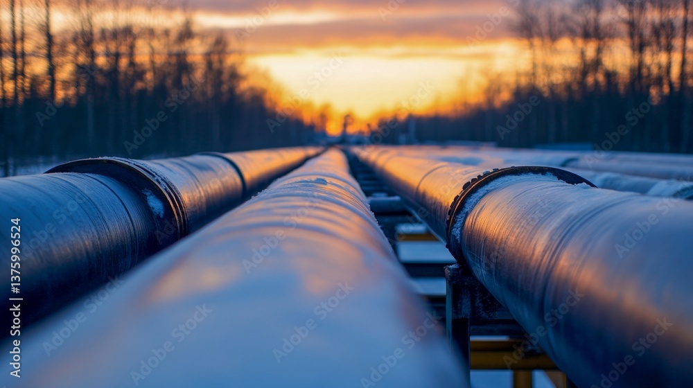 Long rows of industrial pipes stretching towards a colorful sunset in a natural landscape
