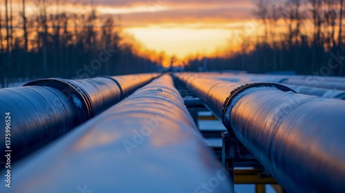 Obraz na płótnie Long rows of industrial pipes stretching towards a colorful sunset in a natural landscape w salonie