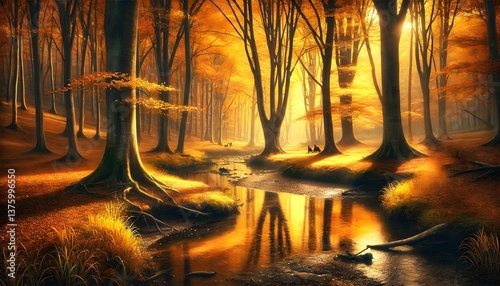 Fantasy forest with fog in the morning. 3D illustration.