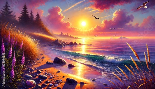 Sunset at the beach. Nature composition. 3D rendering.