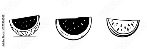 Three artistic renderings of sliced watermelon showcasing different styles and orientations against a clean background