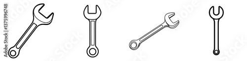 Various wrench designs displayed in black and white showcasing different types and sizes for mechanical work