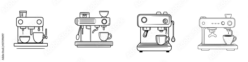 Various espresso machine designs showcase different brewing techniques and styles in a modern kitchen setting Various espresso machine designs showcase different brewing techniques and styles in a modern kitchen setting