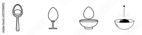 Creative sequence of simple line drawings depicting the process of preparing eggs at a kitchen table