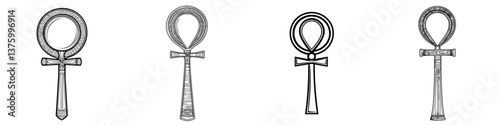 Artistic representations of the ankh, a symbol of life and immortality, displayed in a series of four designs