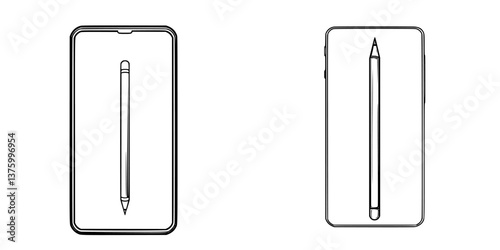 Sketch of a smartphone design featuring a stylus in a minimalist style with a white background