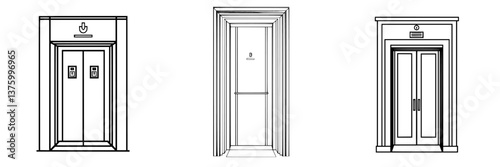 Different designs of elevator doors seen in a modern building interior