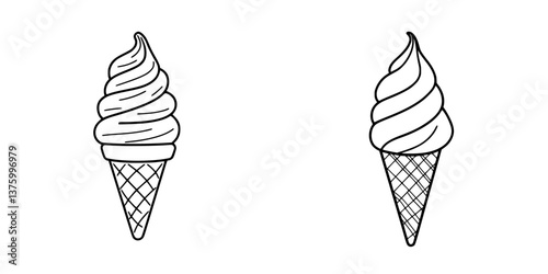 Two simple ice cream cones with swirled soft serve displayed on a clean background