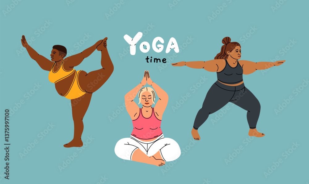 Obraz premium Plus size Girls Practice Yoga With Confidence And Strength, Embracing Body And Its Capabilities, Dispelling Stereotypes Of Physical Fitness And Beauty Standards. Cartoon People Vector Illustration