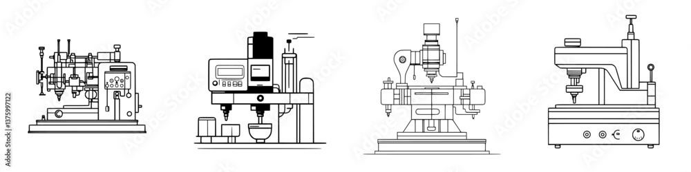 Detailed illustrations of various industrial machines used in manufacturing processes in an engineering workshop Detailed illustrations of various industrial machines used in manufacturing processes in an engineering workshop