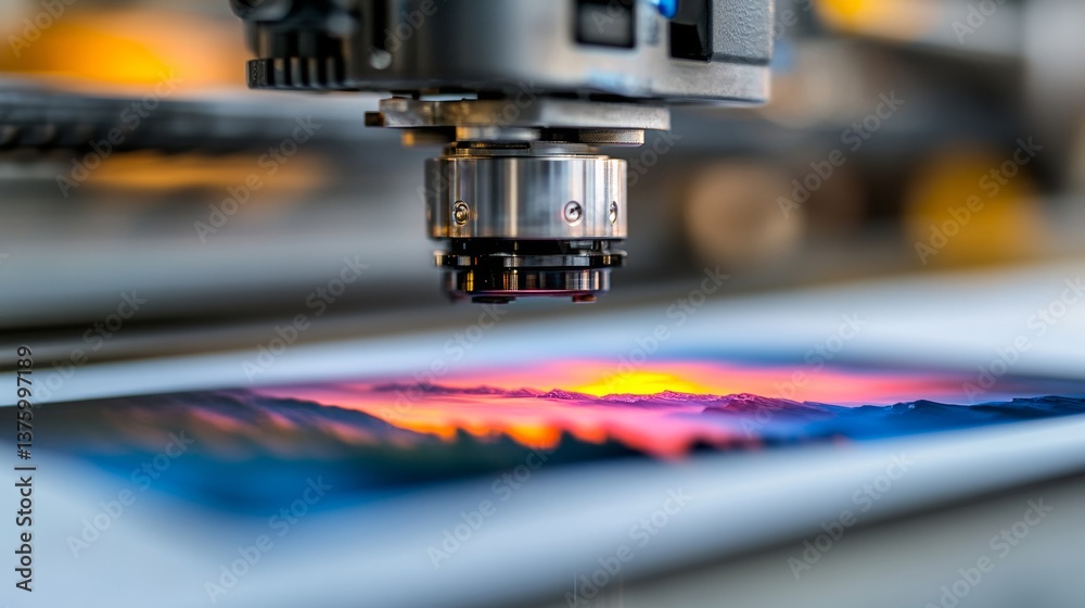Laser engraving process capturing a vivid sunset landscape on a piece of material in a workshop environment