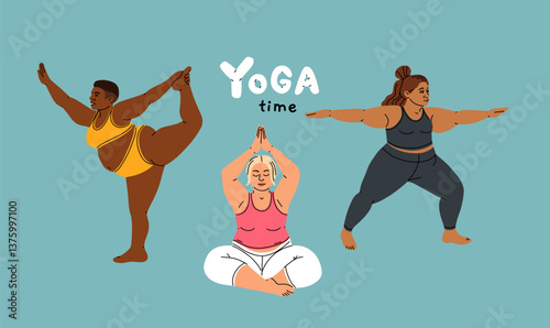Plus size Girls Practice Yoga With Confidence And Strength, Embracing Body And Its Capabilities, Dispelling Stereotypes Of Physical Fitness And Beauty Standards. Cartoon People Vector Illustration