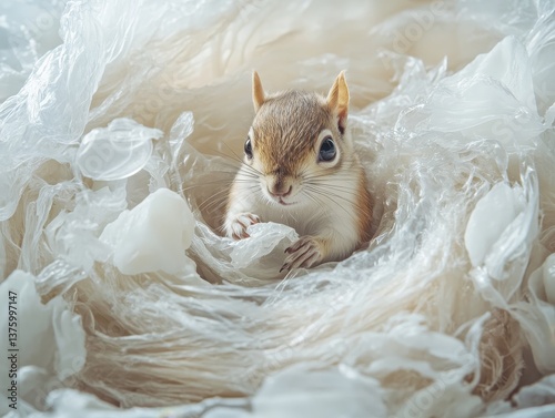 squirrel hoarding plastic scraps for a makeshift nest close up focus on resourcefulness whimsical composite suburban field