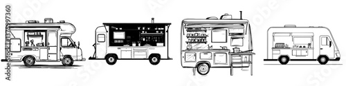 Food trucks lined up at a busy street corner during lunchtime, serving diverse street food to hungry customers