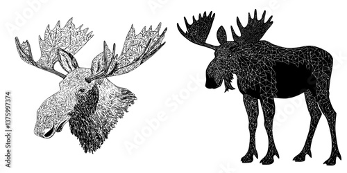 Wallpaper Mural Intricate moose illustration and silhouette against a plain background showcasing animal artistry and design methods Torontodigital.ca