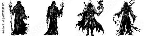 Dark figures of sorcery and mystery gather in an eerie setting with flaming spells and ghostly appearances