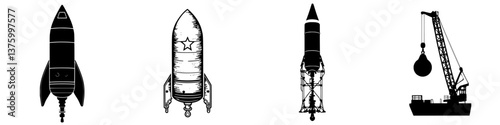 Illustrations of rockets and cranes showcasing various designs and functionalities in engineering and space exploration
