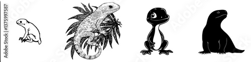 Stylized illustrations of various reptiles and amphibians in a minimalist design showcasing unique features and forms