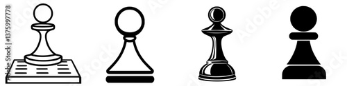 Different styles of chess pawns displayed in various designs and orientations