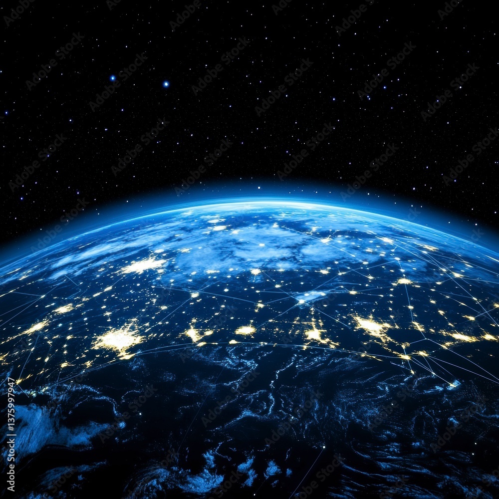 Obraz premium Night view of Earth from space, showing city lights and starlit sky. Detailed view of continents and oceans illuminated at night.