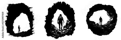 Exploring dark caves with silhouettes of adventurers at different angles during a thrilling outdoor journey