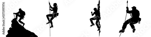 Silhouettes of climbers ascending various terrains against a white background