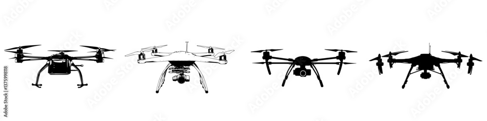 Different models of drones showcased in a clean, minimalistic environment emphasizing their various designs and features Different models of drones showcased in a clean, minimalistic environment emphasizing their various designs and features