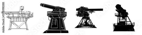 Detailed sketches of different types of heavy artillery displayed on a simple background for military analysis