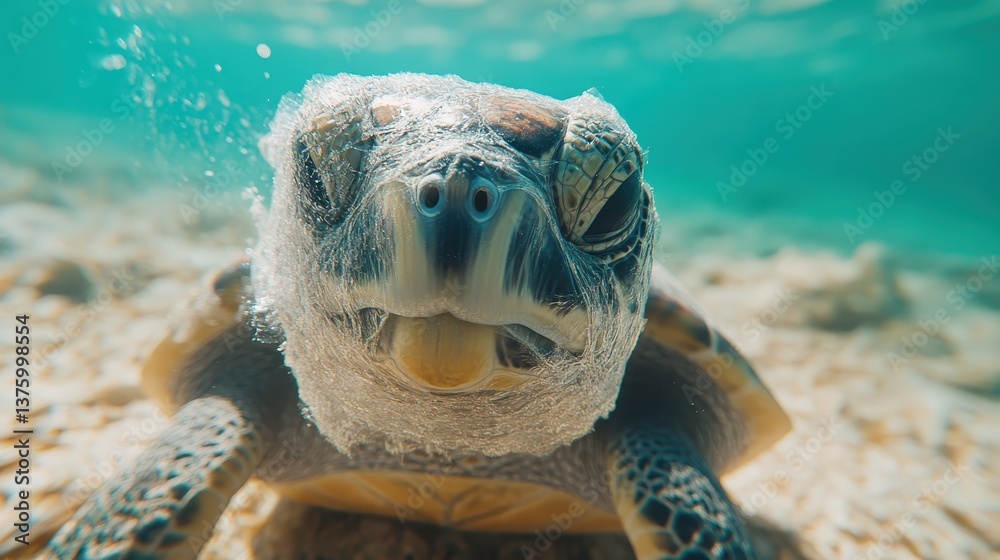 Obraz premium turtle struggling with plastic wrap close up focus on entanglement realistic manipulation turquoise shallows