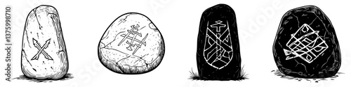 Ancient runes carved into stones showcase cultural symbols and history from a bygone era