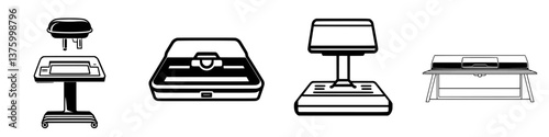 Different types of scanning equipment displayed in a row at a technology exhibition