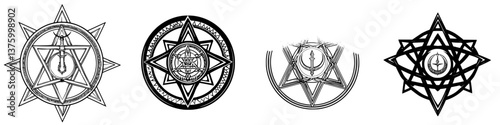 Different designs of mystical symbols and sigils arranged in a row showcasing intricate patterns and shapes related to magic and mysticism