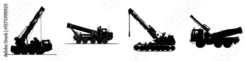 Different types of construction and military vehicles showcasing cranes and heavy lifting equipment at a worksite