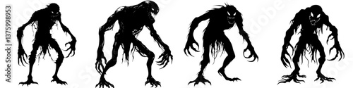 Creatures with elongated limbs roam dark forest at night under ghostly moonlight