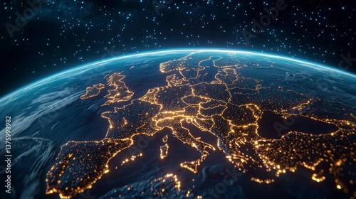 Night view of Europe from space, showing city lights illuminating the continent against a dark background with stars. 