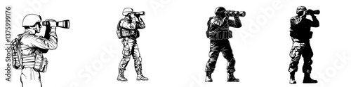 Four soldiers using binoculars for surveillance in an outdoor setting during a tactical operation