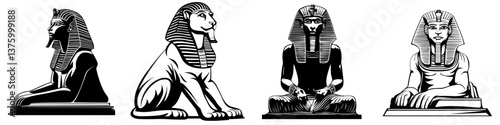Ancient Egyptian art featuring iconic sphinxes and pharaohs in a striking black and white design