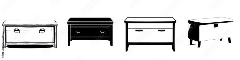 Various designs of wooden storage chests displayed on a neutral background showcasing modern and traditional styles Various designs of wooden storage chests displayed on a neutral background showcasing modern and traditional styles