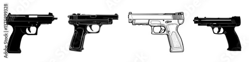 Four distinct handguns displayed side by side illustrating various designs and features for a firearm enthusiast