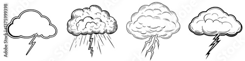 Illustrations of various storm clouds with lightning in different styles and intensities captured in black and white