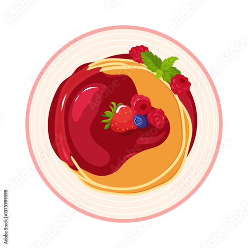 Pancakes with jam and berry, top view flat vector illustration. Stack of tasty pancakes traditional american delicious breakfast food concept. Baking with syrup, blueberries and raspberries