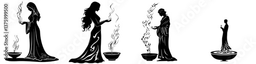 Women performing a ritual with incense in a serene setting during twilight hours