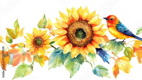 Sunflower and Bird: A vibrant composition showcasing a beautiful sunflower and a colorful bird perched on a leafy branch. Capturing a sense of nature.