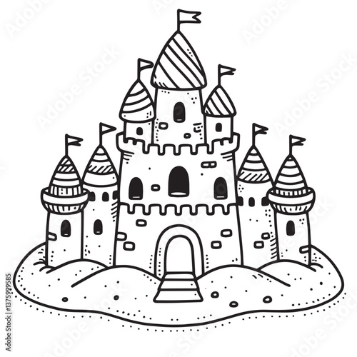 Sandcastle. Summer Sand castle Vector illustration isolated and icon Simple illustration for coloring book 