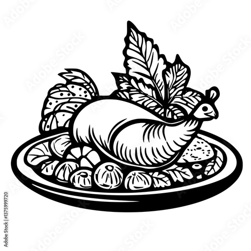 Deliciously prepared roast chicken with vegetables and herbs in an artistic platter at a cozy dinner setting