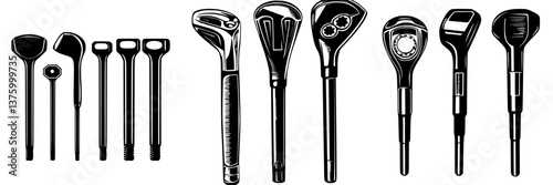 Different types of golf club heads arranged in a row showcasing design variations and functionality for various golf swings