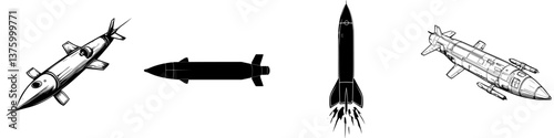 Various types of missiles and rockets showcasing design and engineering excellence in military technology